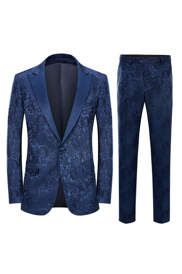 Peak Lapel Dark Blue Jacquard Men's Prom Wedding Party Suits